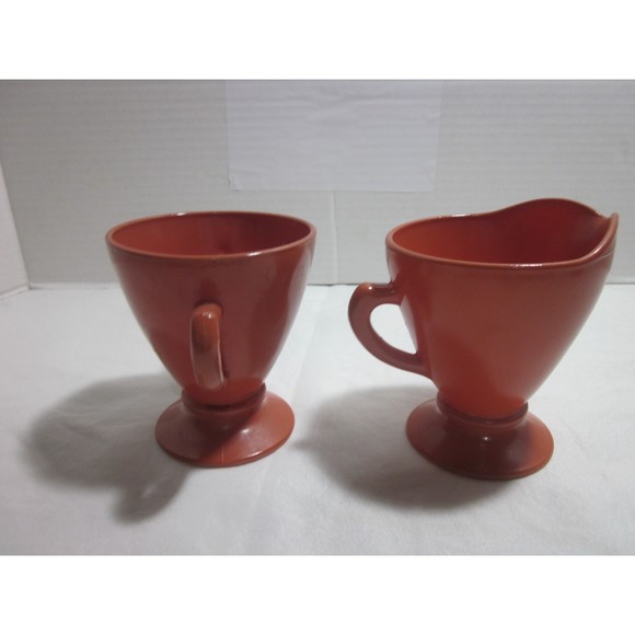 Hazel Atlas Ovide Rust Cream and Sugar Set Platonite Glass Mid Century Modern - Picture 2 of 8